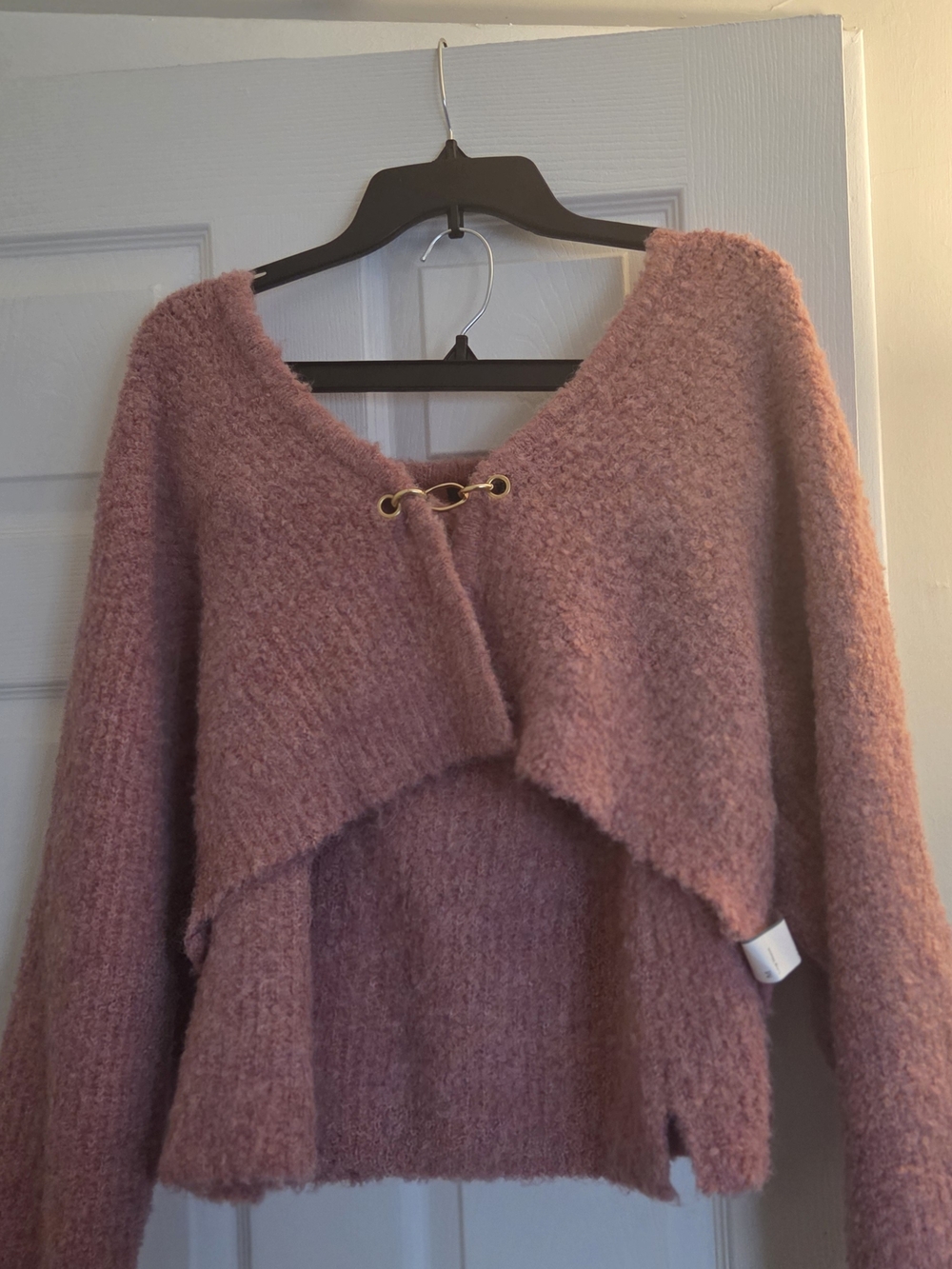 Cozy Pink Fuzzy V-Neck Women’s Sweater with Gold Accent